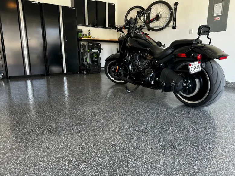 Motorcycle on professionally coated garage floor