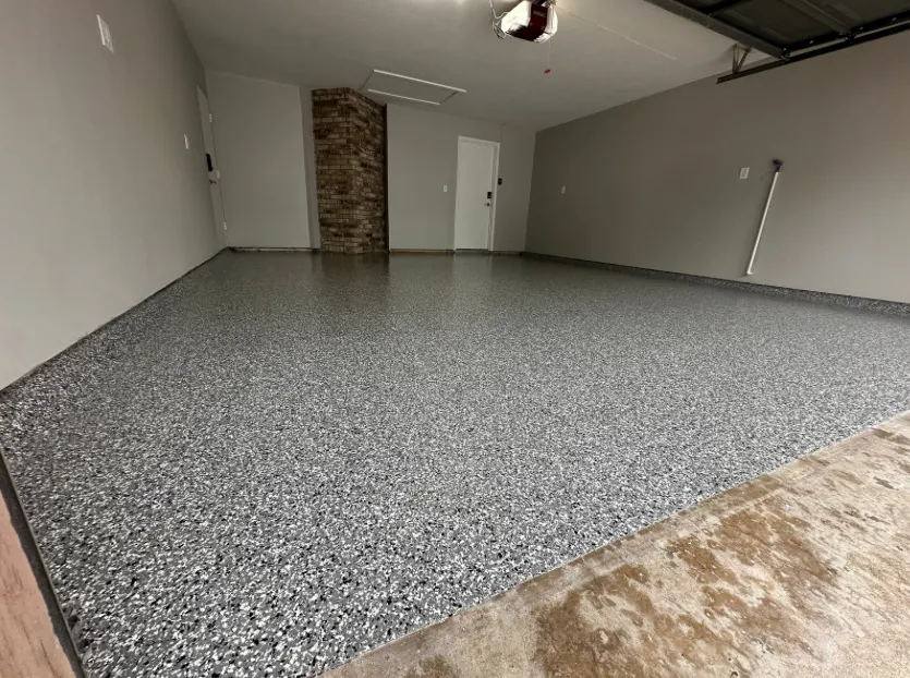 Large garage with premium speckled epoxy coating